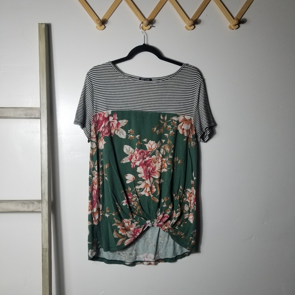PINK CLOVER WOMEN'S FLORAL STRIPED BLOUSE SIZE LARGE